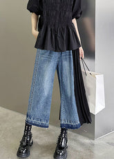 Neu Blau Taschen Hoher Taille Patchwork Denim Crop Hosen Herbst